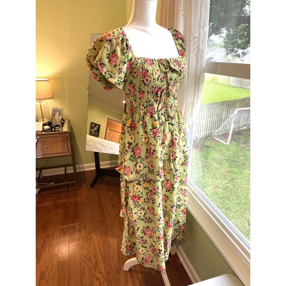 Rebellion Smocked Floral Maxi Dress Size M Puff Sleeves Bows Tiered BNWT - Picture 1 of 14